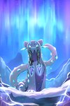 ambiguous_feral ambiguous_gender aurora_(phenomenon) blue_body blue_eyes blue_nose blue_tail fangs feral fur ice light mountain multicolored_body night outside pupils quadruped sitting sky slit_pupils solo tail teeth two_tone_body two_tone_tail white_body white_ears white_fur white_pupils white_tail rumine nintendo pokemon chien-pao generation_9_pokemon legendary_pokemon mammal mustelid pokemon_(species) 2025 2:3 hi_res lighting shaded