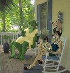 anthro antlers barefoot big_breasts breasts claws cleavage clothed clothing duo eyes_closed feet female horn open_mouth open_smile photo_background sitting smile soles tiptoes toe_claws toes kabuki_homewood alligator alligatorid crocodilian jackalope lagomorph mammal reptile scalie photography_(artwork)