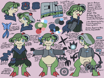 2_toes accessory anthro badge bag battery_life blue_sclera butterfly_clip closed_smile clothing color_swatch cybernetic_arm cybernetic_limb cybernetic_tail cybernetics explorer_badge eyes_closed feet female front_view green_body grey_body hair_accessory hairclip heterochromia leaf leaf_hair machine metal metal_claws mouth_closed open_mouth plant plant_hair pseudo_hair rear_view ribbons satchel scarf shirt side_view smile tail tail_hand tan_body text toes tongue topwear torn_clothing tunic unusual_anatomy unusual_tail white_sclera psykwol nintendo pokemon pokemon_mystery_dungeon spike_chunsoft ellie_(psykwol) breloom cyborg generation_3_pokemon pokemon_(species) 4:3 hi_res model_sheet