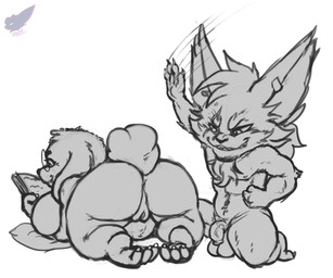 3_toes 4_fingers anthro balls big_breasts big_butt blind_eye body_hair book breasts butt butt_slap duo ear_piercing ear_ring ears_down eye_scar eyewear facial_scar feet female fingers flaccid foreskin genitals glasses grin happy_trail humanoid_genitalia humanoid_penis kneeling lying male mature_female on_front penis piercing pivoted_ears reading reading_book rear_view ring_piercing round_glasses scar slap smile toes vein veiny_penis vulva fennephilim_fox league_of_legends riot_games tencent kled_(lol) norra_(lol) mammal yordle hi_res