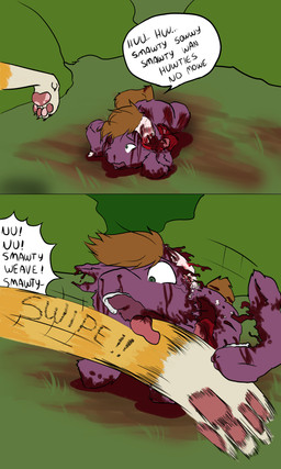 ambiguous_gender baby_talk begging blood bodily_fluids bone cruelty death dialogue dying exposed_muscle feral gore killing mutilation nosebleed open_mouth organs pain pained_expression quadruped scared severed_body_part skinless speech_bubble suffering teeth text tongue tongue_out violence wounded young young_feral koopacoon fluffy_pony domestic_cat felid feline felis fluffy_pony_(species) mammal 2020 comic digital_media_(artwork) english_description english_text hi_res