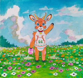 anthro antlers blue_eyes clothing cloud collar flower fur grass hooves horn male orange_body orange_fur plant sky smile watering_can white_clothing robbiepanda animal_crossing nintendo beau_(animal_crossing) antelope bovid deer mammal painting_(artwork) traditional_media_(artwork) watercolor_(artwork)