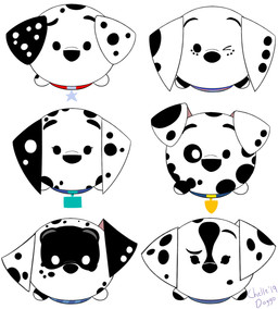 black_body black_fur black_nose dot_eyes eye_patch_(marking) facial_markings female feral floppy_ears freckled_face freckles fur group head_markings heterochromatic_ears male markings mask_(marking) one_eye_closed patch_(marking) simple_eyes spots white_spots wink chelledoggo 101_dalmatian_street 101_dalmatians disney tsum_tsum dee_dee_(101_dalmatians) delilah_(101_dalmatians) dizzy_(101_dalmatians) dolly_(101_dalmatians) doug_(101_dalmatians) dylan_(101_dalmatians) canid canine canis dalmatian domestic_dog mammal hi_res