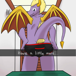anthro anthrofied black_clothing black_underwear briefs bulge butt camera_view clothed clothing colored_seam_underwear fitting_room hands_on_hips horn looking_at_viewer looking_back low-angle_view male membrane_(anatomy) membranous_wings partially_clothed pose presenting presenting_hindquarters purple_body purple_eyes purple_scales raised_tail rear_view red_seam_underwear scales solo tail teasing text underwear underwear_down wings fuze activision european_mythology mythology snapchat spyro_the_dragon spyro dragon mythological_creature mythological_scalie scalie western_dragon 1:1 english_text hi_res