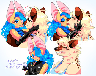 anthro applying_lipstick big_ears blue_eyes blue_hair blush brown_hair clothing drill_curls duo fangs female female/female french_kissing gloves hair handwear heart_symbol kiss_mark kissing latex latex_clothing lipstick long_hair makeup mirror romantic simple_background spots teeth tongue white_hair dyrdeer dorian_(batnaps) rum_(batnaps) bat hyena mammal hi_res multiple_images trans_(lore) trans_man_(lore)