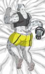 anthro bottomwear bulge clothing electronics headphones jockstrap male muscular muscular_anthro muscular_male shirt shorts solo tank_top topwear underwear siegerabbit ricky_landon felid mammal pantherine snow_leopard