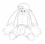 anthro bandai_namco bottomwear bulge clothed clothing domestic_cat felid feline felis fur hat headgear headwear hi_res hyper klonoa klonoa_(series) male mammal monochrome nipples pac-man pac-man_(series) shorts solo superpudgy topless