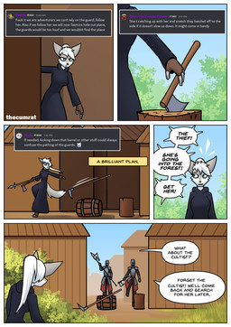 anthro armor axe barrel blue_eyes border building clothed clothed_anthro clothed_female clothing dark_clothing detailed_background dialogue fantasy female fur grey_body grey_fur guard hair halberd long_hair melee_weapon outside plant polearm profanity robe running spear speech_bubble text tree weapon white_body white_border white_fur white_hair thecumrat sylvia_(thecumrat) canid canine fox human mammal absurd_res comic english_text hi_res story