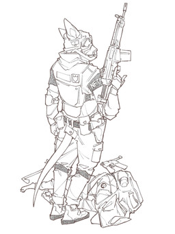 ambiguous_gender anthro armband armor backpack belt body_armor bottomwear clothed clothing corpse crowbar furgonomic_bottomwear furgonomic_headwear furgonomics gas_mask gloves gun handgun handwear headgear helmet holding_gun holding_object holding_ranged_weapon holding_rifle holding_weapon holster holstered_pistol luger lying mask mauser_c96 military military_uniform pistol ranged_weapon rifle simple_background solo standing tail tapering_tail tools uniform weapon white_background serpent_x mauser project_silverfish inheritor lizard reptile scalie 2026 hi_res monochrome