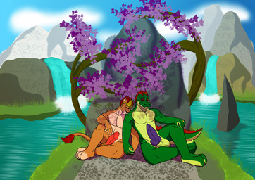 anthro balls big_balls big_penis casual_nudity crown crown_only digit_ring duo erection genitals hand_holding headgear headgear_only jewelry knot male male/male married_couple mostly_nude nude outdoor_nudity outside penis plant ring rock tree waterfall wedding_ring inkpanther97 legends_of_chima lego cragger_(legends_of_chima) laval_(legends_of_chima) crocodile crocodilian felid lion mammal pantherine reptile scalie hi_res