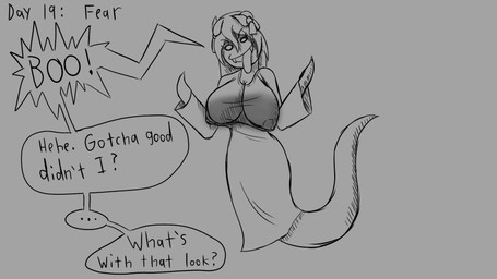 anthro big_breasts breasts clothing cosplay dialogue female solo text translucent translucent_clothing skinnerthehammer kinktober kinktober_2025 mario_bros nintendo paper_mario lady_bow sadako_yamamura boo_(mario) ghost spirit 16:9 2025 english_text hi_res monochrome widescreen