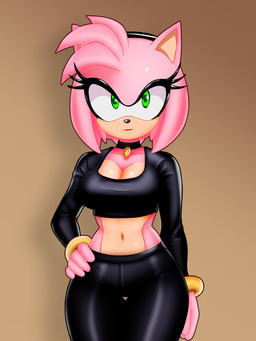 alternative_fashion anthro big_breasts black_bottomwear black_choker black_clothing black_crop_top black_hairband black_jewelry black_necklace black_pants black_shirt black_topwear bottomwear bracelet breasts brown_background choker clothing crop_top female fur glistening glistening_bottomwear glistening_clothing glistening_pants glistening_topwear gold_(metal) gold_bracelet gold_jewelry goth green_eyes hair hand_on_hip hand_on_own_hip jewelry looking_at_viewer midriff navel necklace pants pink_body pink_fur pink_hair shirt simple_background solo tight_bottomwear tight_clothing tight_pants tight_topwear topwear yoga_pants defaultuser12 sega sonic_the_hedgehog_(series) amy_rose eulipotyphlan hedgehog mammal hi_res