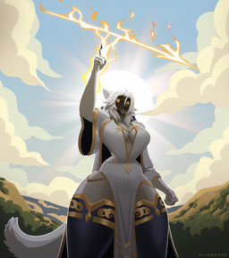 anthro arm_at_side big_breasts black_sclera breasts cleavage_cutout clothing cloud cutout detailed_background dress ears_up elemental_manipulation embroidered_clothing embroidery eyes_in_darkness female fire fire_manipulation fist fluffy fluffy_tail frowning_at_viewer fur glowing glowing_eyes hair legwear light light_beam looking_at_viewer magic magic_user pawpads pelvic_curtain raised_arm raised_finger sea shoulder_length_hair small_waist solo stockings sun sunbeam sunlight tail thick_thighs water white_body white_clothing white_dress white_fur white_hair wide_hips wide_sleeves yellow_eyes hiverdose mythology liria_the_werewolf_saint canid canine mammal mythological_canine mythological_creature werecanid werecanine werecreature werewolf digital_media_(artwork) hi_res