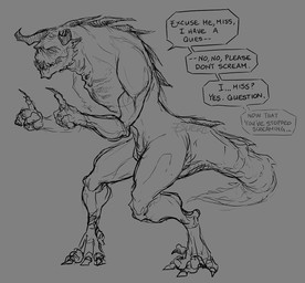 ambiguous_gender broken_horn clawed_hands claws grey_background horn simple_background solo speech_bubble spikes spikes_(anatomy) standing tail text toe_claws esuerc fallout microsoft goris_(fallout) deathclaw scalie english_description english_text monochrome signature sketch male_(lore)