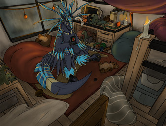 animal_plushie ankle_tuft anthro beaded_jewelry beaded_necklace beads bear_plushie bed bedding bedroom black_body black_feathers black_scutes blanket blue_body blue_feathers candle claws computer computer_desk dinosaur_plushie electronics elephant_plushie feather_markings feathered_wings feathers female fish_plushie furniture futon gem holding_object jewelry leg_tuft lit_candle looking_at_held_object mammal_plushie markings movie_case neck_whiskers necklace on_bed pearl_(gem) pearl_necklace pillow plastic_bin plushie rain_on_window raining rainy_weather scuted_legs scutes shelf sickle_claw sitting sitting_on_bed solo string_lights tail tail_feathers tail_markings toe_claws tuft turtle_plushie window wings yellow_body yellow_eyes yellow_feathers yellow_markings toddavali eili_(k'braid) enolaraptor absurd_res hi_res