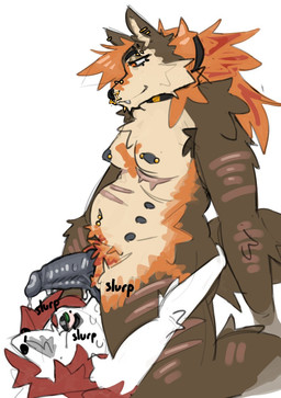 ambiguous_gender anthro big_clitoris brown_body brown_fur clitoris cunnilingus duo erect_clitoris facial_piercing fur genitals hair huge_clitoris long_clitoris mastectomy_scar multi_nipple multiple_piercings navel navel_piercing nipple_piercing nipples onomatopoeia oral orange_hair piercing scar sex simple_background sound_effects text thick_clitoral_hood thick_clitoris vaginal white_background clairemilk traex vylka hi_res