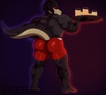 anthro black_body clothing horn legwear male platter presenting red_clothing red_eyes red_legwear red_tights smile solo standing tights blackbear fallout hooters microsoft goliath_deathclaw_(subbyclaw) deathclaw scalie 2023 hi_res