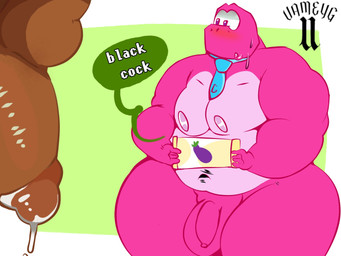 accessory anthro balls blush bodily_fluids dark_body dark_penis dark_skin duo flaccid foreskin genital_fluids genitals male male/male moobs necktie nipples penis pink_body precum solo_focus standing uameyg gameoverse glitch_productions gobbles_(gameoverse) dinosaur prehistoric_species reptile scalie 2026 4:3 hi_res