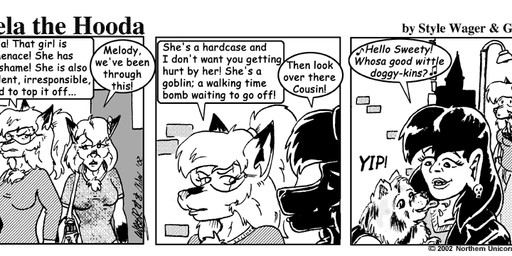 ambiguous_gender anthro breasts clothed clothed_female clothing dialogue dipstick_tail eyewear female feral goggles group markings purse shirt tail tail_markings text topwear style_wager dela_the_hooda dela_aldershaw melody_aldershaw ulma_(dela_the_hooda) canid canine canis domestic_dog fox goblin hooda humanoid mammal 2002 comic english_text greyscale monochrome