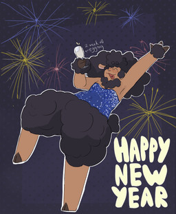 3_fingers anthro bent_arm black_body black_fur black_hair black_tail blue_clothing blue_topwear blue_tube_top blush blush_lines bottomless bottomless_anthro bottomless_male brown_body brown_fur brown_hooves celebration circle_eyebrows clothed clothing container cup curly_hair dotted_background drinking_glass eggnog eyebrows eyes_closed fingers fireworks fur glass glass_container glass_cup hair heart_tongue holding_container holding_cup holding_drinking_glass holding_object holding_wine_glass holidays hooved_fingers hooves male male_anthro medium_hair multicolored_body multicolored_fur open_mouth open_smile outline pattern_background pink_inner_ear pink_nose raised_hand red_tongue simple_background smile solo tail text tongue topwear tube_top two_tone_body two_tone_fur white_outline wine_glass wool_(fur) buleruby new_year new_year_2026 bule_(buleruby) bovid caprine mammal sheep 2025 absurd_res cel_shading colored digital_drawing_(artwork) digital_media_(artwork) english_description english_text full-length_portrait hi_res portrait shaded