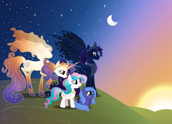 armor black_body blue_body blue_hair blue_mane crescent_moon crown cutie_mark detailed_background epic_hair family feathered_wings feathers female feral fur green_eyes group hair headgear heavenly_body hill horn male mane moon multicolored_hair night orange_eyes orange_hair outside peytral pink_eyes princess purple_eyes purple_hair rainbow_hair royalty sky star starry_sky sun sunrise sunset tail white_body white_feathers white_fur wings young young_female young_feral spyrothefox friendship_is_magic hasbro my_little_pony mythology king_cosmos princess_celestia_(mlp) princess_luna_(mlp) queen_galaxia woona_(mlp) equid equine mammal mythological_creature mythological_equine winged_unicorn digital_drawing_(artwork) digital_media_(artwork) parent_(lore)