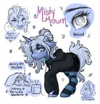 blind blush bottomwear braces clothing collar disability female feral hair hair_bun hoodie horn hotpants legwear mane messy_hair messy_mane messy_tail plushie shorts simple_background smile solo stockings tail text topwear white_background opalacorn friendship_is_magic hasbro my_little_pony mythology daring_do_(mlp) fan_character misty_mourn_(kaktus_knight) equid equine horse mammal mythological_creature mythological_equine pony unicorn absurd_res english_text hi_res model_sheet