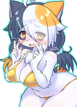 accessory ahoge anthro big_breasts bikini black_body black_fur black_hair blonde_hair breasts clothed clothing double_v_sign eye_bags female fur gesture gold_bikini hair hair_accessory hairclip hand_gesture kemono multicolored_body multicolored_fur multicolored_hair open_mouth open_smile outline pawpads simple_background smile solo swimwear teal_outline thick_thighs two-piece_swimsuit v_sign whiskers white_background white_body white_fur white_hair wide_hips yellow_body yellow_eyes yellow_fur racal_ra golden_week onyasn_(racal_ra) calico_cat domestic_cat felid feline felis mammal 2025 digital_media_(artwork) portrait