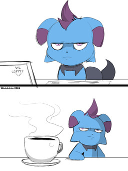 ambiguous_gender anthro beverage blue_body computer container cup dipstick_ears ear_markings electronics laptop markings multicolored_ears simple_background solo text white_background winick-lim palworld pocketpair depresso pal_(species) 2024 3:4 artist_name hi_res