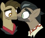 amber_eyes black_hair blush brown_body brown_fur brown_hair clothing facial_hair female feral fur green_eyes hair kerchief neckerchief neckwear nose_to_nose shirt shirt_collar topwear taaffeiite friendship_is_magic hasbro my_little_pony biff_(mlp) caballeron_(mlp) earth_pony equid equine horse mammal pony alpha_channel hi_res