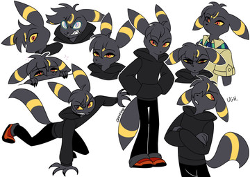 4_fingers anthro black_body black_bottomwear black_clothing black_fur black_hair black_hoodie black_nose black_pants black_tail black_topwear bottomwear claws clothed clothed_anthro clothed_male clothing collared_shirt eye_roll finger_claws fingers footwear fur glowing glowing_eyes glowing_markings hair hand_in_pocket hoodie kerchief looking_at_viewer male markings mouth_closed multicolored_clothing multicolored_footwear multicolored_shoes narrowed_eyes neckerchief neckwear pants pattern_kerchief pattern_neckerchief pockets pokemorph red_eyes ring_(marking) sharp_teeth shirt shoes simple_background solo standing striped_kerchief striped_neckerchief tail teeth text topwear uniform white_background yellow_body yellow_fur yellow_sclera odeko-yma nintendo pokemon pokemon_mystery_dungeon spike_chunsoft lucky_(odeko-yma) eeveelution generation_2_pokemon pokemon_(species) umbreon 2025 absurd_res artist_name full-length_portrait headshot_portrait hi_res multiple_scenes portrait three-quarter_portrait