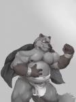 anthro asian_clothing balls belly bulge clothed clothing east_asian_clothing fundoshi genitals humanoid_hands japanese_clothing male moobs nipples open_clothing open_shirt open_topwear overweight overweight_anthro overweight_male penis shirt simple_background solo teeth topwear underwear kusunagi canid canine mammal raccoon_dog tanuki 2017 3:4 hi_res