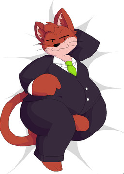 anthro belly black_nose bottomwear clothing fur lying male necktie overweight overweight_anthro overweight_male pants red_body red_fur shirt solo suit topwear timigi bandai_namco mappy shiftylook goro_(mappy) domestic_cat felid feline felis mammal 2015