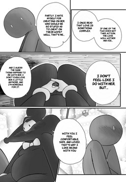 anthro belly big_belly blush bow_tie clothing dialogue duo gloves handwear humanoid_hands male moobs overweight overweight_male sitting text blue_x cartoon_network the_amazing_world_of_gumball louie_watterson mammal mouse murid murine rodent 2025 comic english_text hi_res monochrome