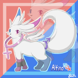 ambiguous_feral ambiguous_gender digitigrade dipstick_ears ear_markings female_symbol feral floating_wings fur gender_symbol heterochromia kemono leg_markings male_symbol markings multicolored_ears socks_(marking) solo symbol unusual_anatomy unusual_wings white_body white_fur wings ymbk nintendo pokemon eeveelution pokemon_(species) 1:1 2011 japanese_description model_sheet