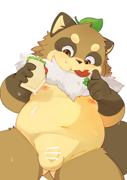 anthro balls blush bodily_fluids censored_genitalia censored_penis eating flaccid food genitals holding_food holding_object ineffective_censorship leaf leaf_on_head male navel nipples nude_male penis simple_background slightly_chubby slightly_chubby_male solo sweat tail tongue tongue_out white_background young young_anthro young_male tongmung24 centraltwig canid canine mammal raccoon_dog tanuki 2026 absurd_res censored english_description hi_res