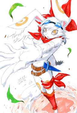 5_fingers belt clothing dagger eyewear fingers fur goggles leaf looking_at_viewer male melee_weapon scarf smoke solo standing weapon white_body white_fur yellow_eyes akabane_jin fred_jinx lagomorph leporid mammal rabbit hi_res