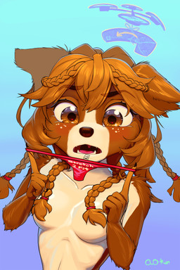 anthro blush braided_hair clothing convenient_censorship creative_censorship drone_(vehicle) eyelashes female freckled_face freckles hair hair_covering_breasts long_eyelashes machine panties solo surprised underwear owokun amazon_(company) panties_trend australian_shepherd canid canine canis domestic_dog herding_dog mammal pastoral_dog sheepdog 2:3 absurd_res censored hi_res portrait