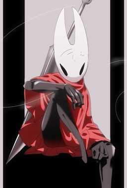 2_horns ambiguous_gender biped black_body black_eyes cloak clothed clothing empty_eyes fingers horn melee_weapon sitting solo thread weapon weapon_on_back du_dang hollow_knight_(franchise) team_cherry hornet_(hollow_knight) arthropod hi_res