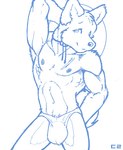 anthro athletic biceps blue_and_white bulge canid canine canis charon2 clothed clothing domestic_dog front_view fur hand_behind_head husky looking_at_viewer male mammal monochrome muscular muscular_anthro muscular_male navel nipples nordic_sled_dog pecs pose pubes scar seductive simple_background sketch skimpy smile solo speedo spitz swimwear topless ventral_groove white_background