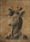 2022 anthro bovid brown_background bust_portrait conditional_dnp desert_ramiotran digital_media_(artwork) digital_painting_(artwork) ear_piercing eyelashes green_eyes hair hi_res horn legacy_(ratte) long_neck male mammal monochrome notched_ear partially_colored piercing portrait ramiotran ratte sepia short_hair signature simple_background smile solo tamani_(ratte) textured_background