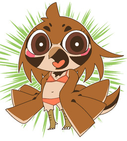 anthro beak blush bra brown_body brown_feathers chibi clothed clothing countershading facial_markings feathers female head_markings looking_at_viewer markings navel neck_tuft panties simple_background smile solo tuft underwear underwear_only winged_arms wings young young_anthro doneru lisbelle_(doneru) avian bird oscine passerine sparrow adult_(lore)
