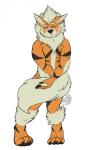 5:8 absurd_res anthro anthrofied arcanine arm_tuft black_stripes blush canid canine covering covering_crotch covering_self elbow_tuft embarrassed fur generation_1_pokemon hi_res kyros_(dowski) male mammal monsterdrool multicolored_body multicolored_fur muscular muscular_anthro muscular_male neck_tuft nintendo nude orange_body orange_fur pokemon pokemon_(species) pokemorph simple_background solo stripes tan_body tan_fur tuft two_tone_body two_tone_fur white_background yellow_eyes