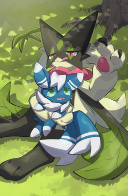 2_tails ambiguous_gender anthro black_claws blue_body blue_ears blue_fur blue_sclera blue_tail bodily_fluids claws crying dipstick_ears dipstick_tail duo ear_markings fur gloves_(marking) grass green_body green_eyes green_fur green_tail holding_another leg_markings markings mask multi_tail multicolored_body multicolored_ears multicolored_fur narrowed_eyes open_mouth pawpads paws pink_eyes pink_pawpads plant size_difference socks_(marking) tail tail_markings tears tongue tongue_out tree two_tone_body two_tone_fur white_body white_ears white_fur white_tail nullma nintendo pokemon felid feline generation_6_pokemon generation_9_pokemon mammal meowscarada meowstic pokemon_(species) absurd_res digital_media_(artwork) hi_res