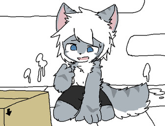 4_fingers ambiguous_gender anthro black_bottomwear black_clothing black_shorts blue_eyes bodily_fluids bottomwear box clothed clothing container fingers floor fur goo_transformation grey_body grey_fur hair looking_at_self multicolored_body multicolored_fur navel open_mouth pink_inner_ear puddle shorts simple_background solo striped_body striped_fur stripes sweat tile tile_floor topless topless_anthro transformation white_background white_body white_fur white_hair chano changed_(video_game) chano_(character) canid canine canis mammal wolf hi_res