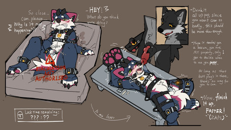 animal_genitalia animal_penis anthro athletic athletic_anthro athletic_dom athletic_male athletic_sub balls bdsm bed bent_legs black_body black_sclera blue_body blush bodily_fluids bondage_gear bondage_gloves canine_genitalia canine_penis chastity_cage chastity_device clenched_teeth clothing collar countershade_accent cuff_(restraint) cum cum_in_mouth cum_inside cutaway dialogue dominant dominant_anthro dominant_male duo electrostimulation flat_chastity_cage furniture genital_fluids genitals half-closed_eyes hands_above_head handwear harness holding_penis holding_switch humanoid_genitalia humanoid_penis kemono knot lying male male/male mostly_nude_anthro mostly_nude_male mouth_spreader narrowed_eyes nude on_back on_bed on_table orange_eyes orgasm_denial padlocked_collar penis petplay punishment purple_ears restraints roleplay sex_toy shaking slave smile smirk standing struggling submissive submissive_anthro submissive_male table teeth text touching_chastity_cage unable_to_cum vibrator beckowaffle canid canine canis mammal wolf 16:9 4k absurd_res comic english_text hi_res multiple_scenes widescreen