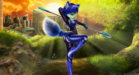 accessory anthro belt black_nose blue_body blue_fur blue_hair bodysuit boots building clothing cloud detailed_background dipstick_tail female footwear fur furgonomics grass green_eyes hair hair_accessory jewelry light markings multicolored_tail necklace plant pose rock shoes short_hair skinsuit solo staff sun sunlight tail tail_accessory tail_markings tailband text tight_clothing tree water white_body white_fur v-tal nintendo star_fox krystal_(star_fox) canid canine fox mammal 2018 absurd_res hi_res signature url