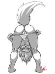 anthro bent_over breasts butt clothed clothing female genitals looking_at_viewer mooning panties panties_down partially_clothed pussy solo teasing underwear underwear_down monkeyxflash kiyoshi_fox yori canid canine canis fox mammal wolf 3:4 hi_res monochrome