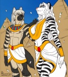 anthro big_breasts blue_eyes breasts cleavage clothed clothing duo egyptian egyptian_clothing female grey_hair hair jewelry long_hair male midriff navel necklace shendyt side_boob skimpy stripes tail usekh white_hair max_blackrabbit osiris_(hyenafur) zig_zag brown_hyena felid hybrid hyena mammal mephitid skunk striped_hyena 2011 digital_media_(artwork)