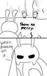 2_panel_comic ambiguous_gender antennae_(anatomy) biped black_text dialogue ellipsis group holding_melee_weapon holding_object holding_weapon melee_weapon mostly_offscreen_character simple_background standing talking_to_another text weapon white_background skeletorskeletonized hollow_knight team_cherry bretta_(hollow_knight) arthropod beetle insect 2020 5:8 comic digital_media_(artwork) english_text hi_res