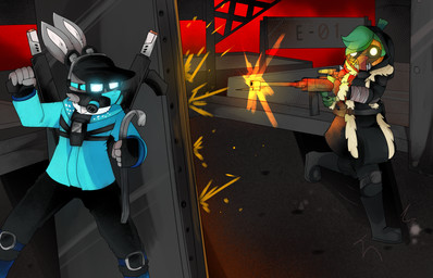 anthro bottomwear bullet clothed clothing crowbar electronics eyewear fight fur gas_mask glowing glowing_eyes green_hair grey_body gun gunfire gunshot hair handgun headgear headphones headwear holding_crowbar holding_gun holding_object holding_ranged_weapon holding_weapon hood male mask melee_weapon multicolored_body orange_body ranged_weapon simple_background text tools topwear weapon white_body white_fur e-01 madness_combat madness_combat_(series) drake_the_rabbit humanoid lagomorph leporid mammal rabbit 14:9 digital_media_(artwork) english_text hi_res